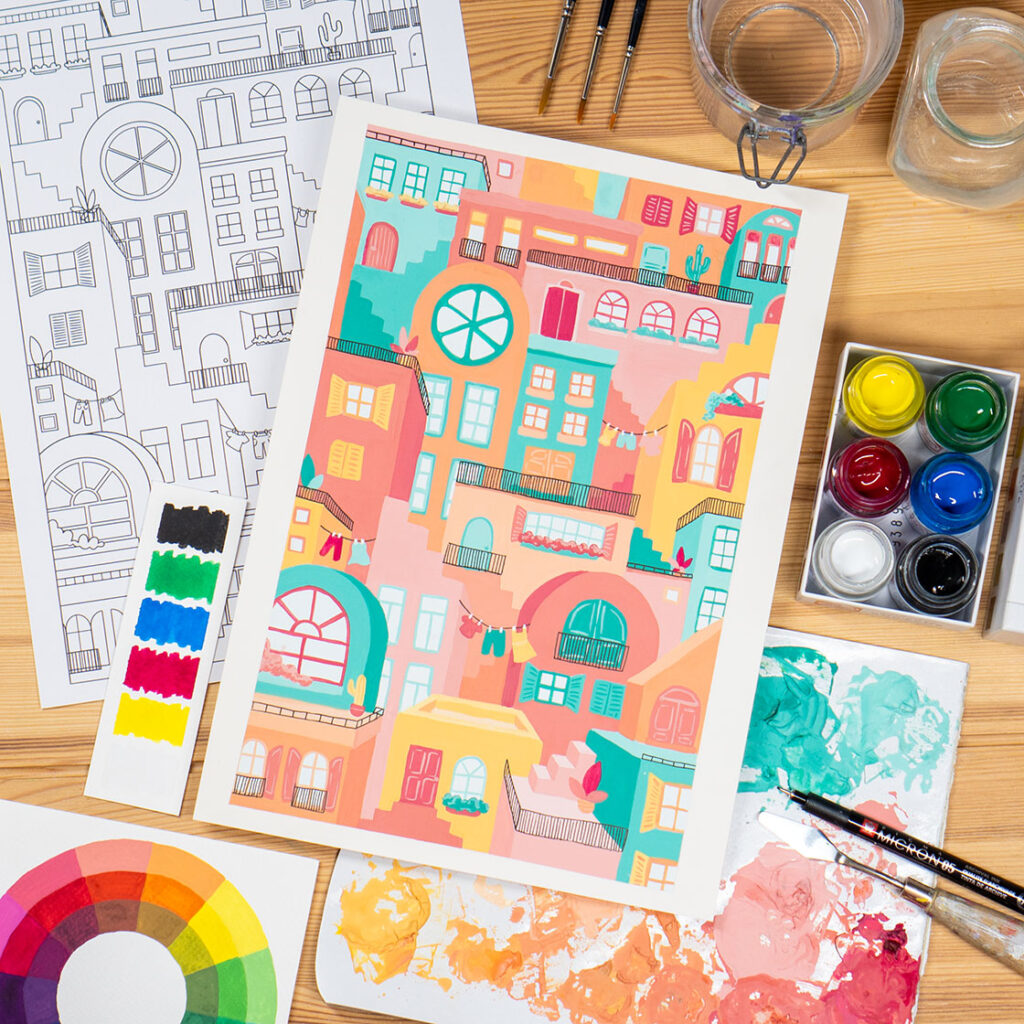 Gouache hobbysaker på bordet